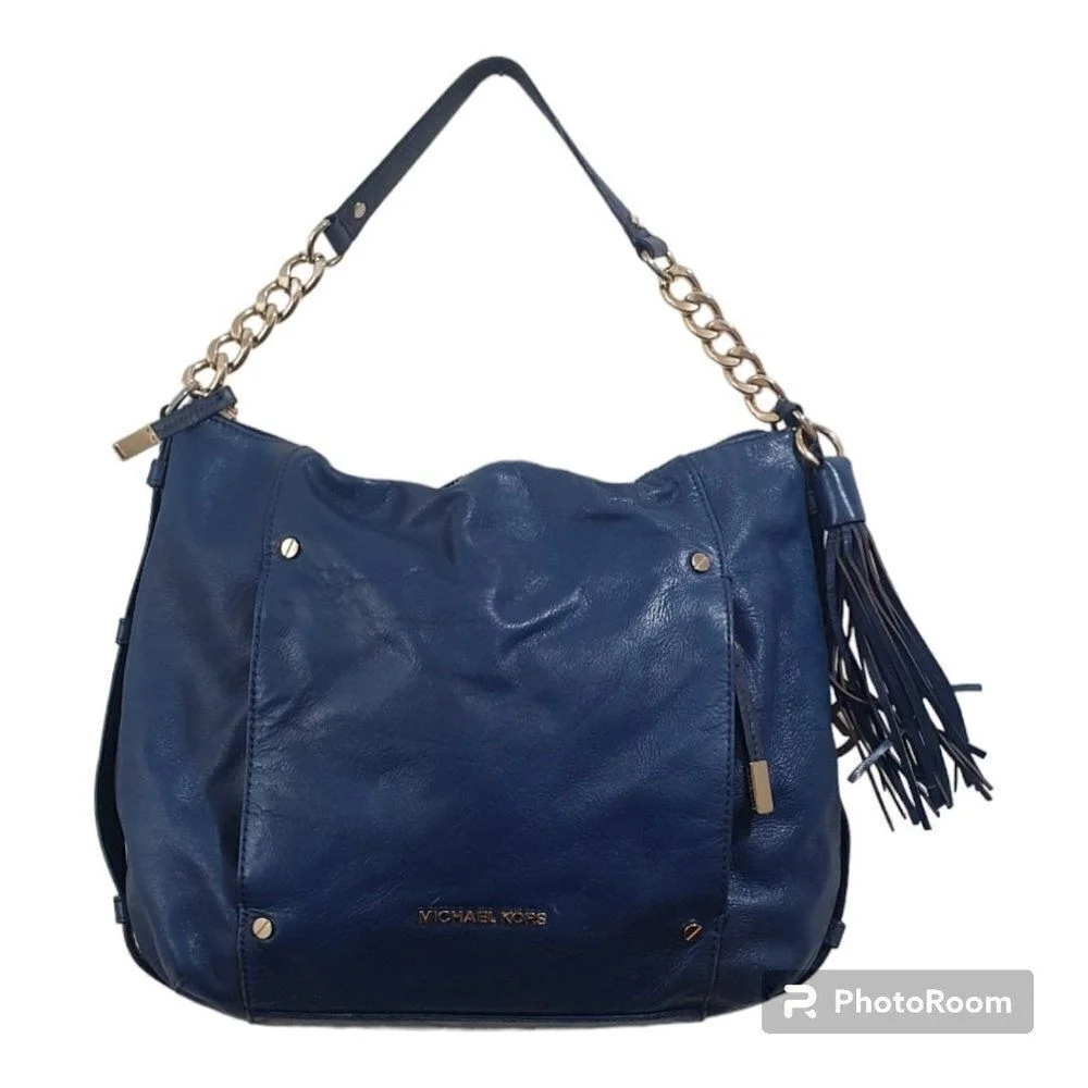 MICHAEL KORS BLUE LEATHER GOLD CHAIN DEVON LARGE SHOULDER TOTE BAG PURSE